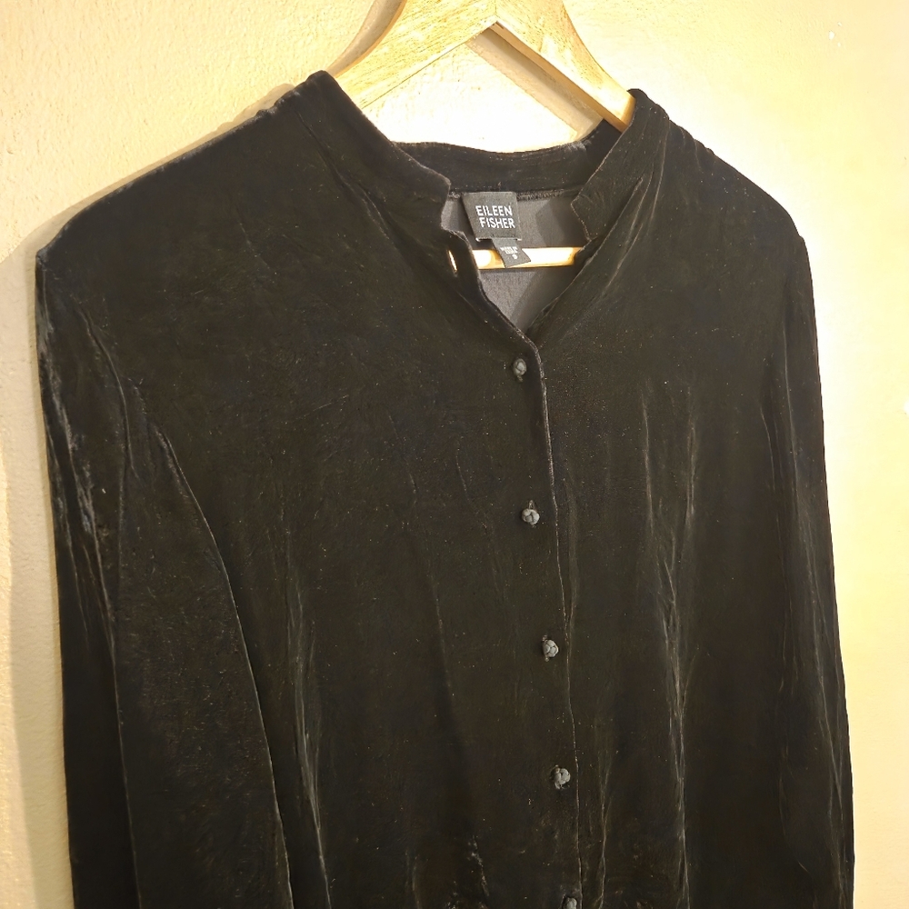 EILEEN FISHER Black‎ Silk Blend Velvet Mandarin Collar Button Front Blouse SZ S - Picture 2 of 10